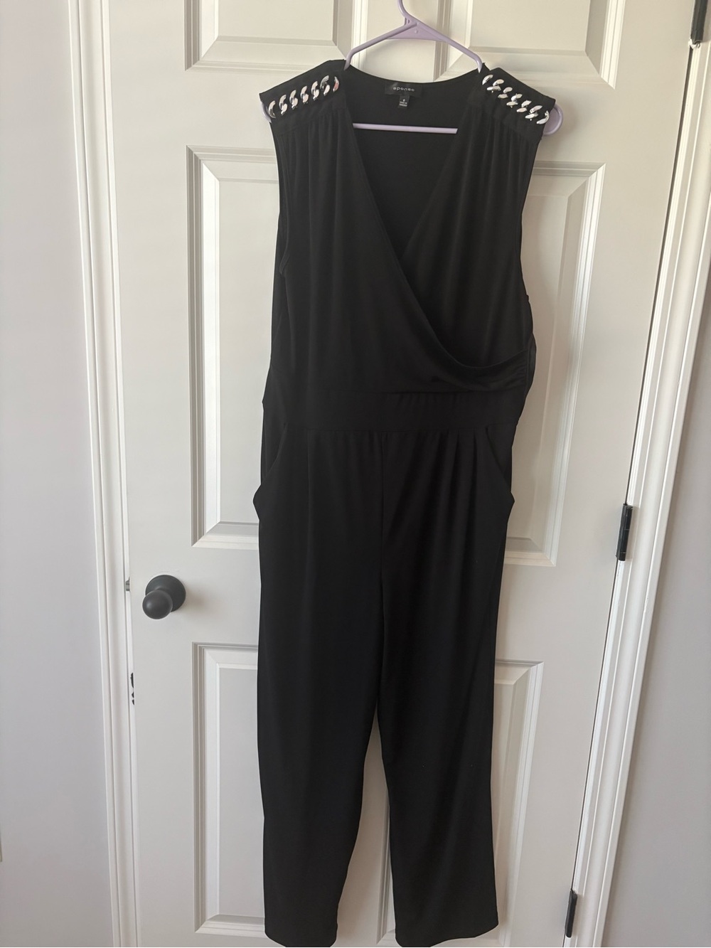 Spense Black Sleeveless Jumpsuit with Eyelet Shoulder Detail
